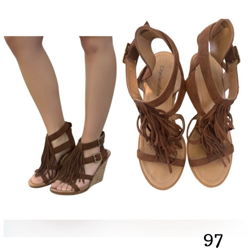 Cityclassified Brown Suede Fringe Wedge Sandals – Size 8.5 - Picture 16 of 16
